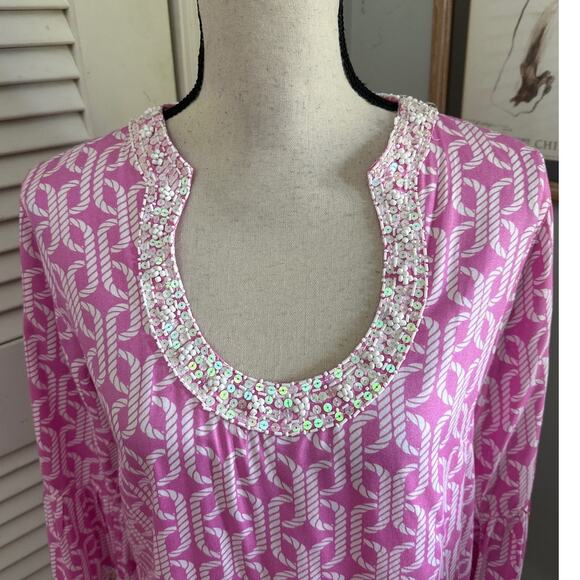 ESCAPADA Womens Tunic Pink Beaded Beach Preppy Coastal Resort Summer SMALL - Picture 3 of 11